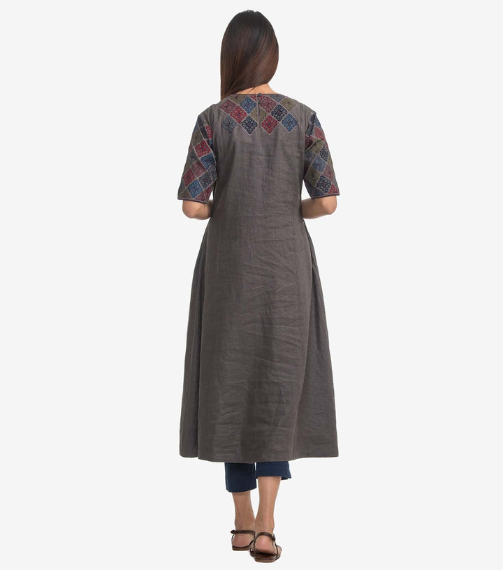 Grey linen embroidered kurta