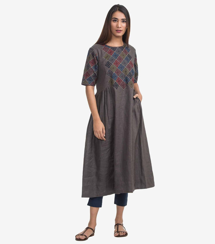 Grey linen embroidered kurta