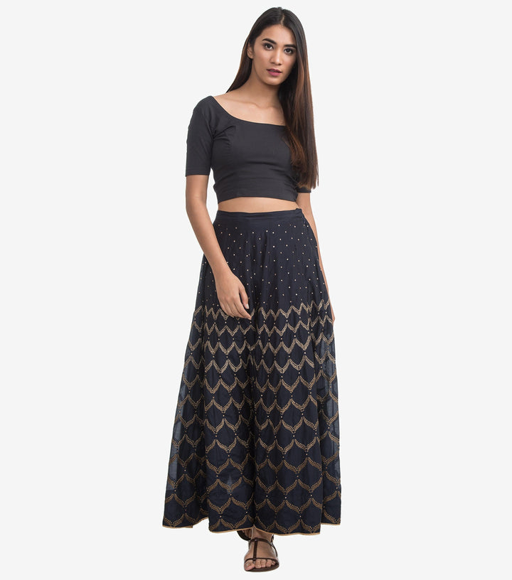 Black Embroidered Silk Skirt