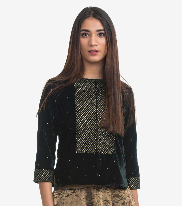 Emerald Green Embroidered Velvet Blouse