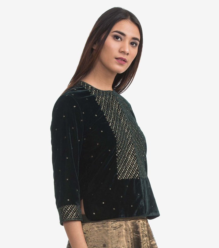 Emerald Green Embroidered Velvet Blouse