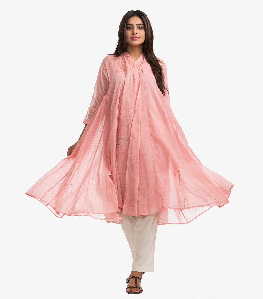 Pink Cotton Embroidered Choga