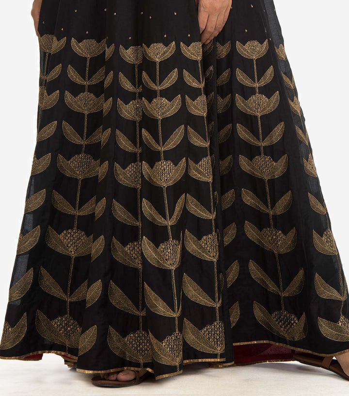 Black cotton silk embroidered Skirt