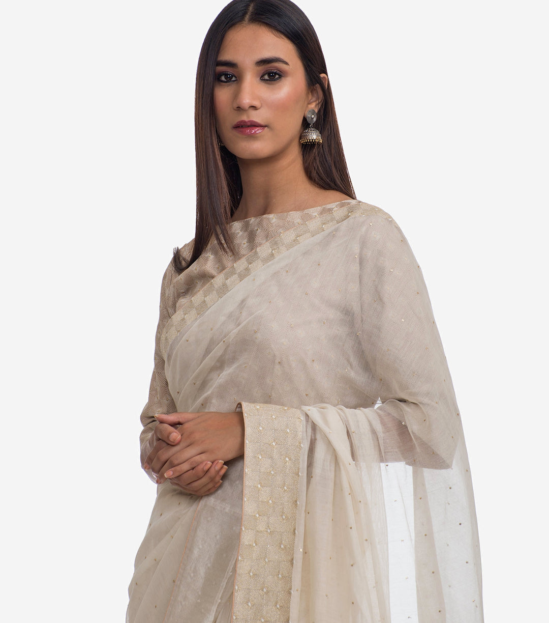 Ivory Embroidered Chanderi Saree