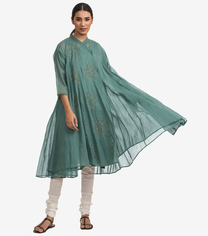 Green fine cotton embroidered choga