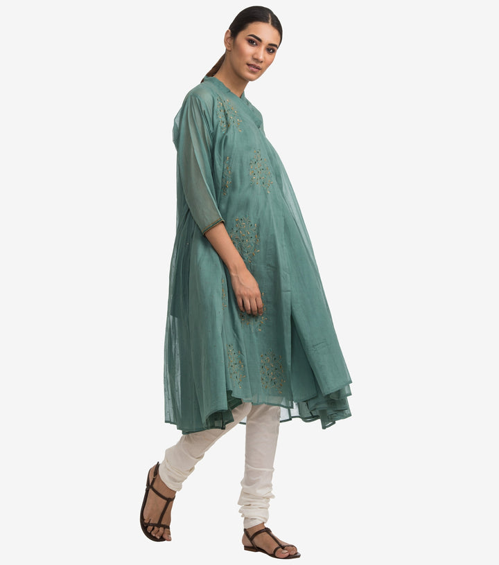 Green fine cotton embroidered choga