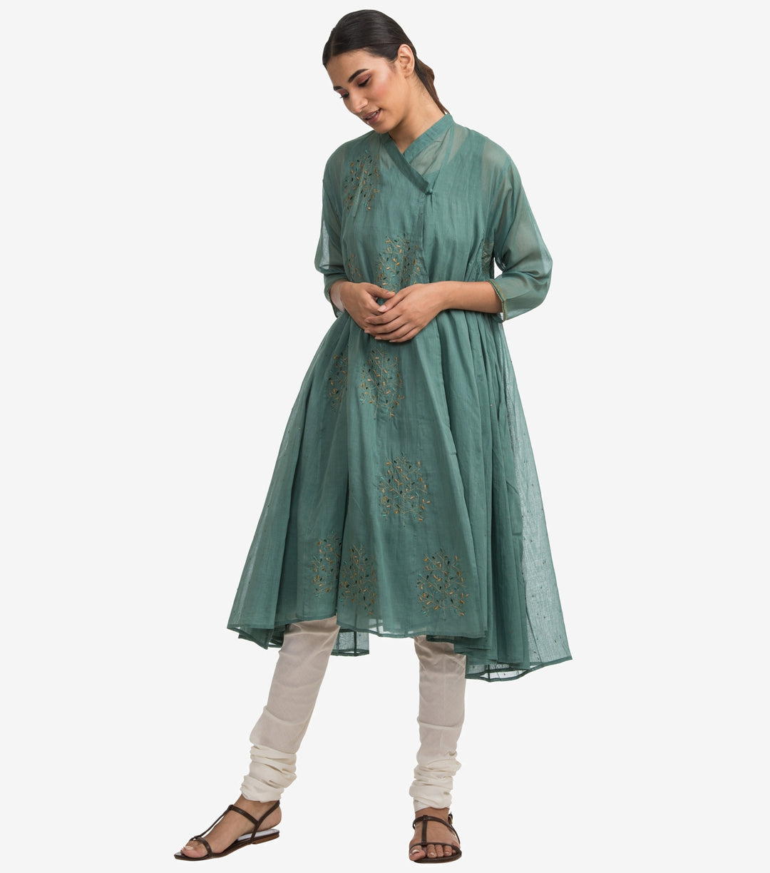 Green fine cotton embroidered choga