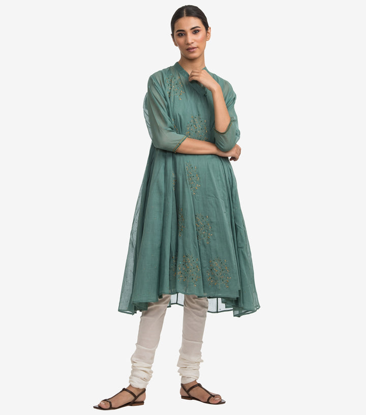 Green fine cotton embroidered choga