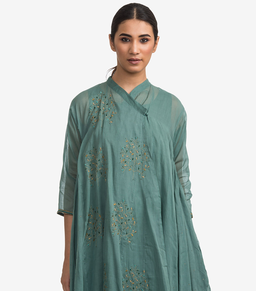 Green fine cotton embroidered choga