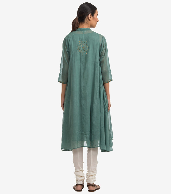 Green fine cotton embroidered choga