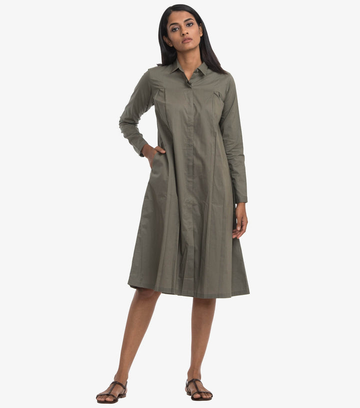 Olive poplin solid shirt dress