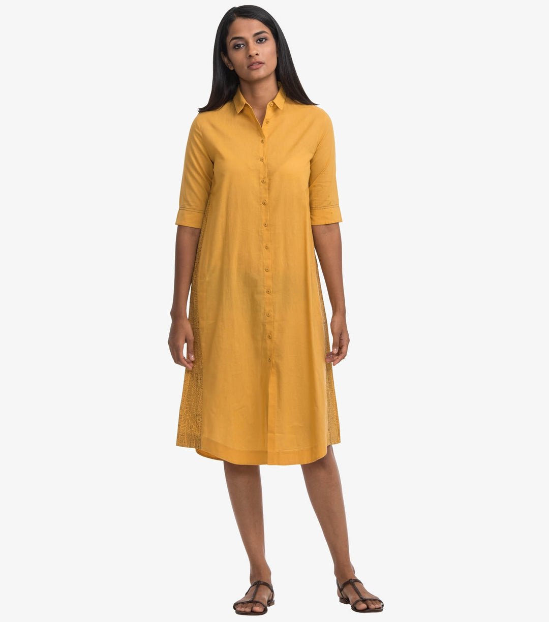 Yellow cotton solid shirt dress