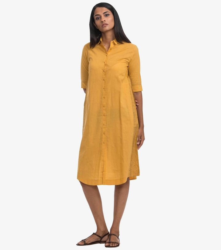 Yellow cotton solid shirt dress