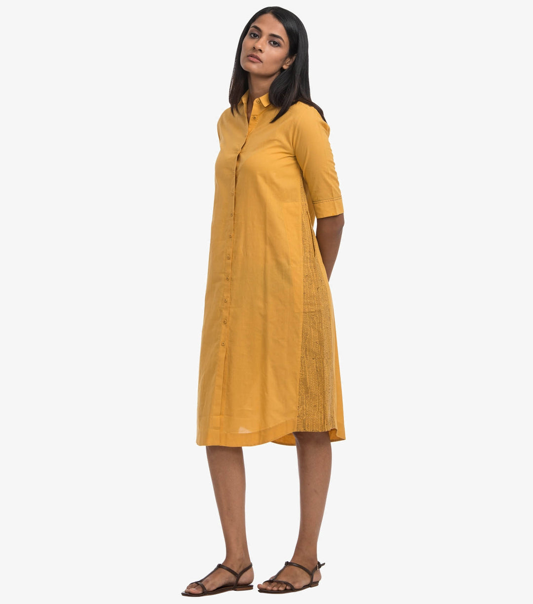 Yellow cotton solid shirt dress