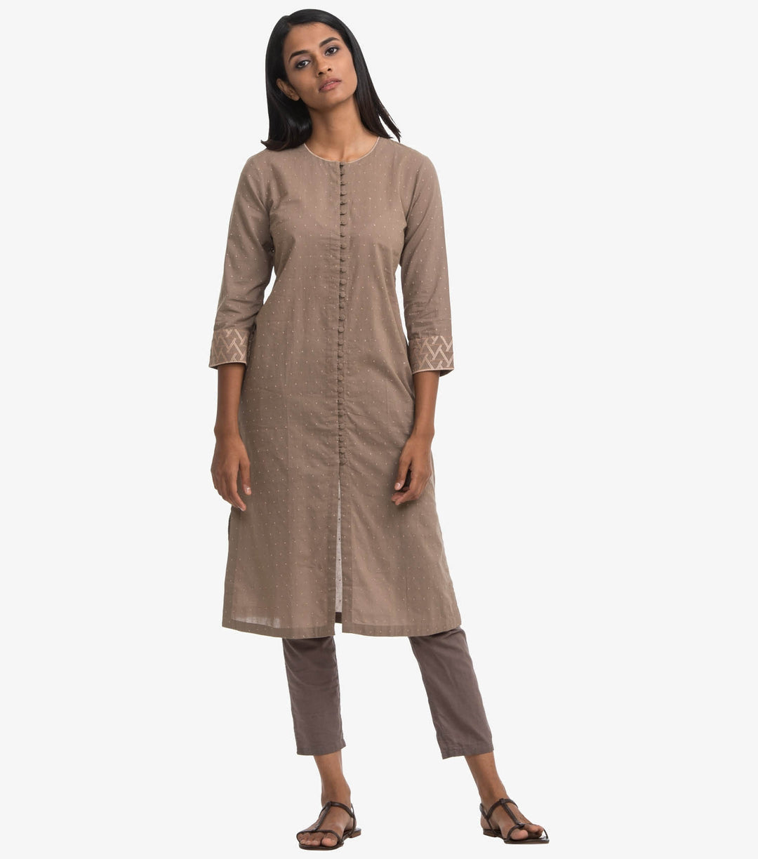 Beige cotton embroidered Kurta