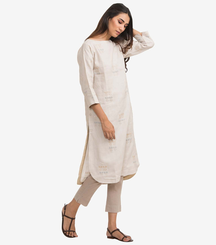 Beige linen embroidered kurta