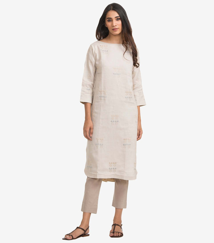 Beige linen embroidered kurta