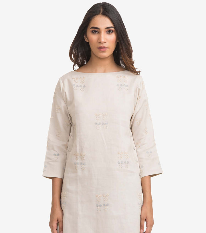 Beige linen embroidered kurta