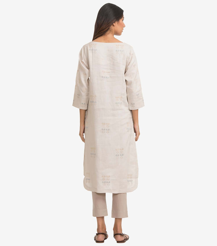 Beige linen embroidered kurta