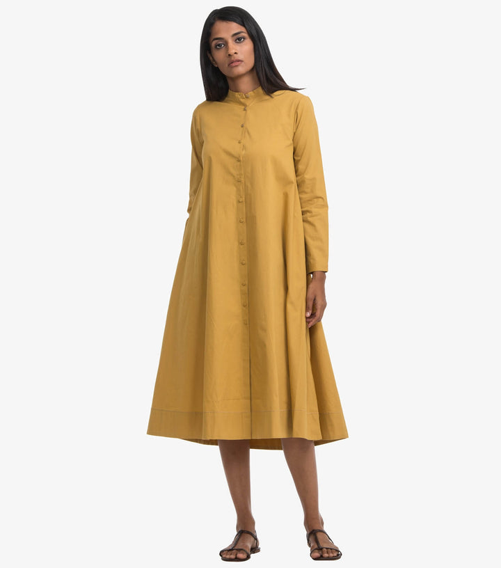 Mustard Cotton Poplin Flared Dress