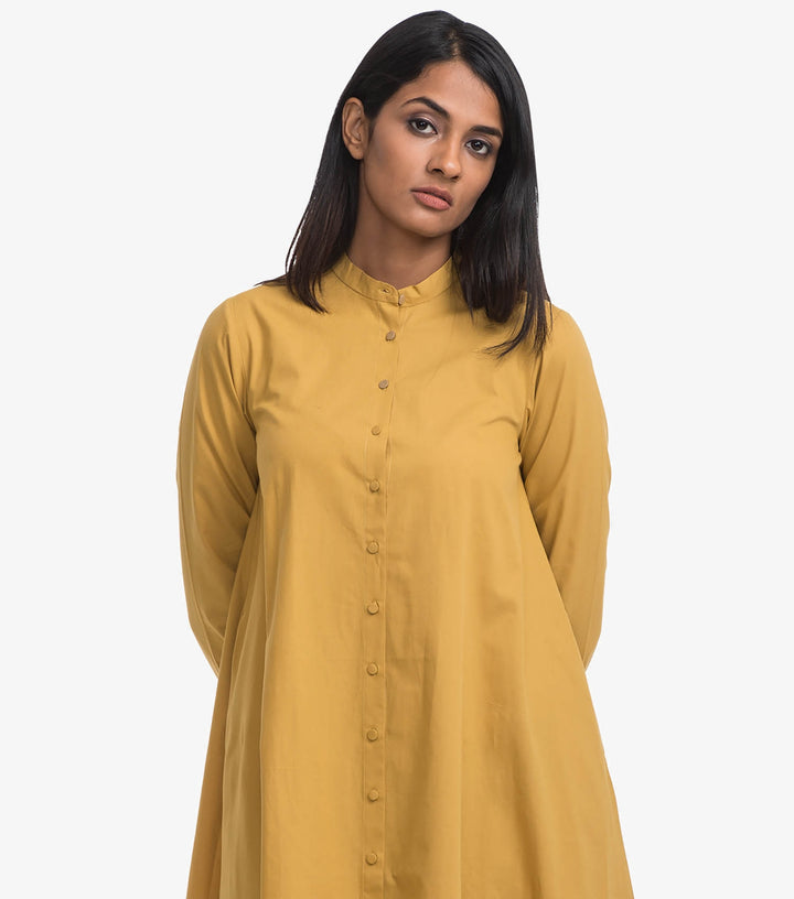 Mustard Cotton Poplin Flared Dress