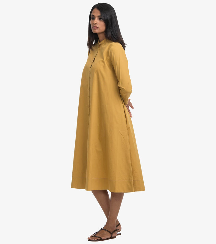 Mustard Cotton Poplin Flared Dress