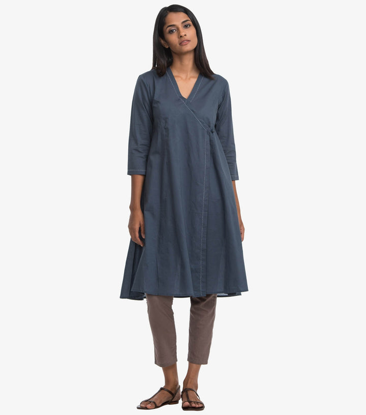 Blue Solid Cotton Angrakha Kurta