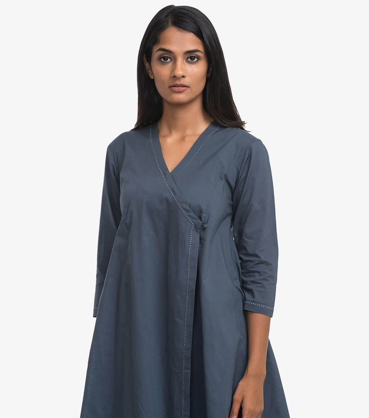 Blue Solid Cotton Angrakha Kurta