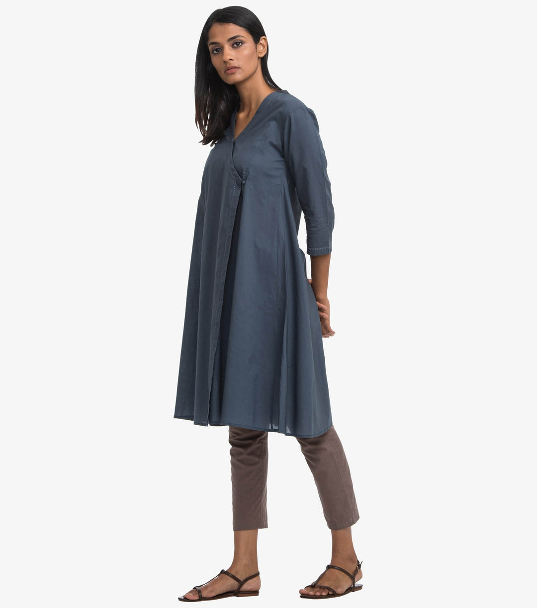 Blue Solid Cotton Angrakha Kurta