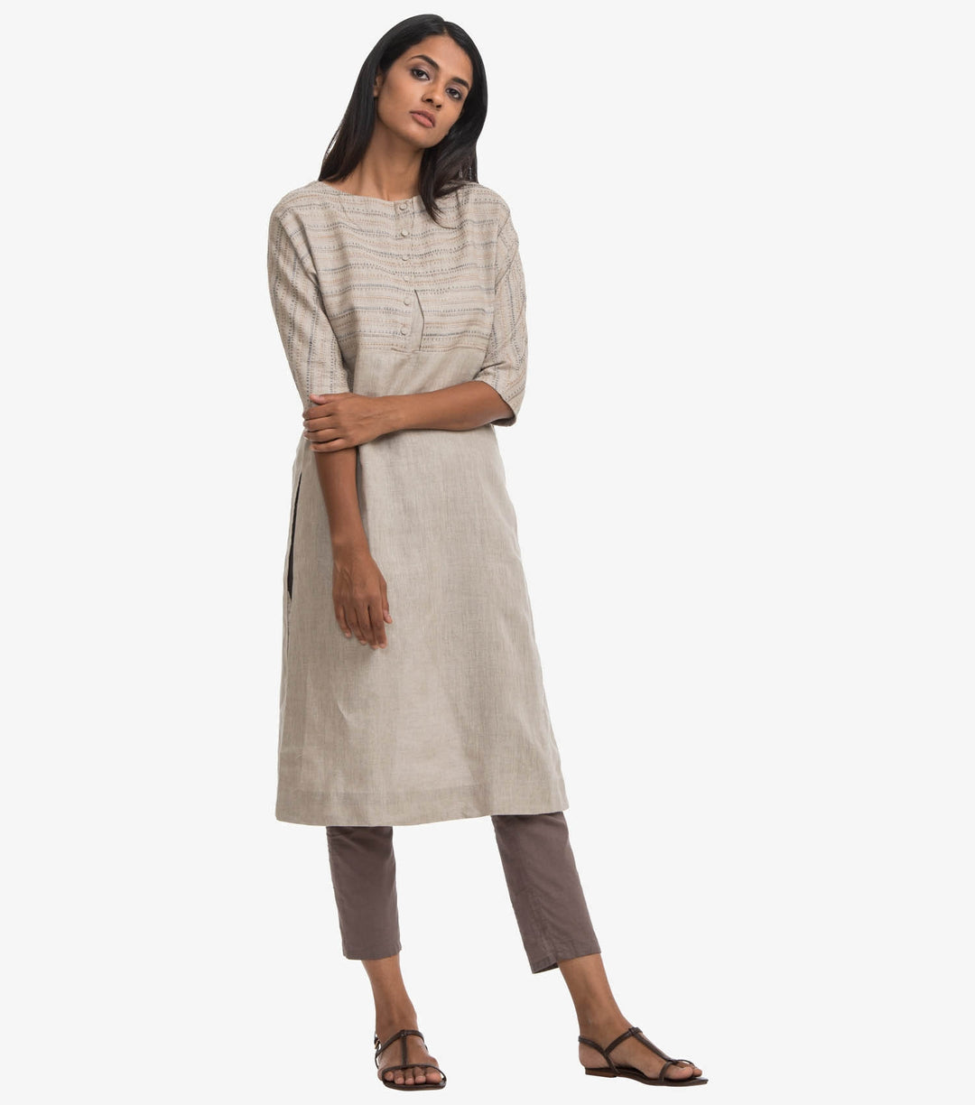 Beige embroidered linen kurta