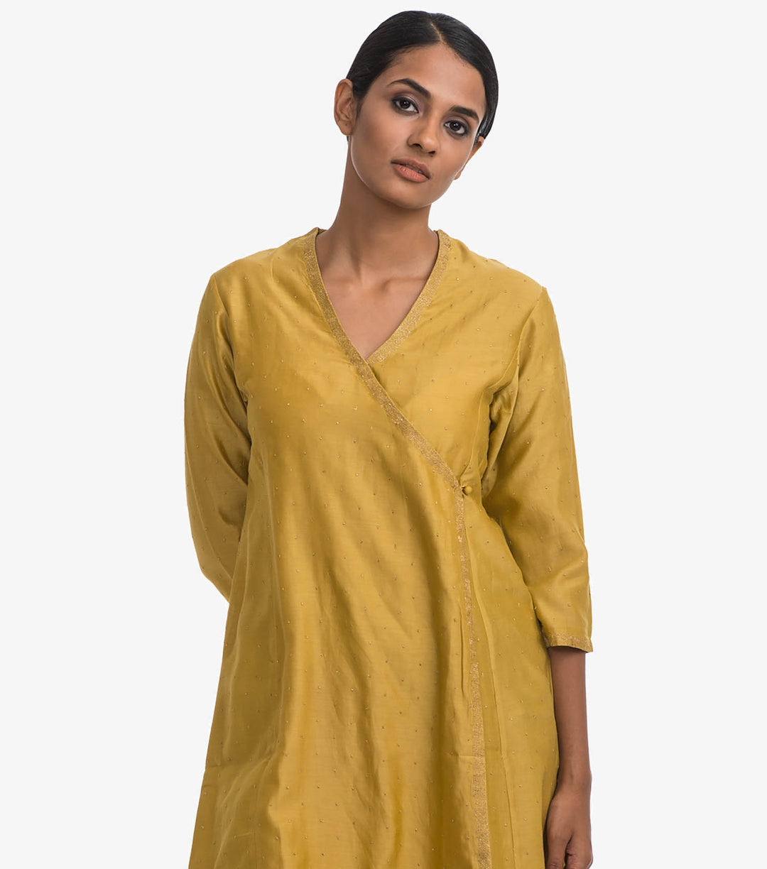 Yellow chanderi angrakha kurta