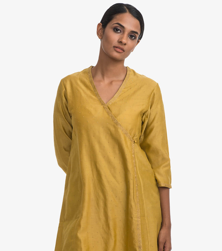 Yellow chanderi angrakha kurta