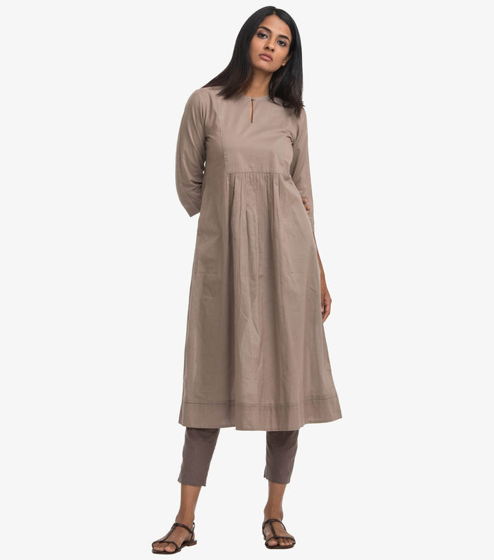 Beige cotton solid flared kurta