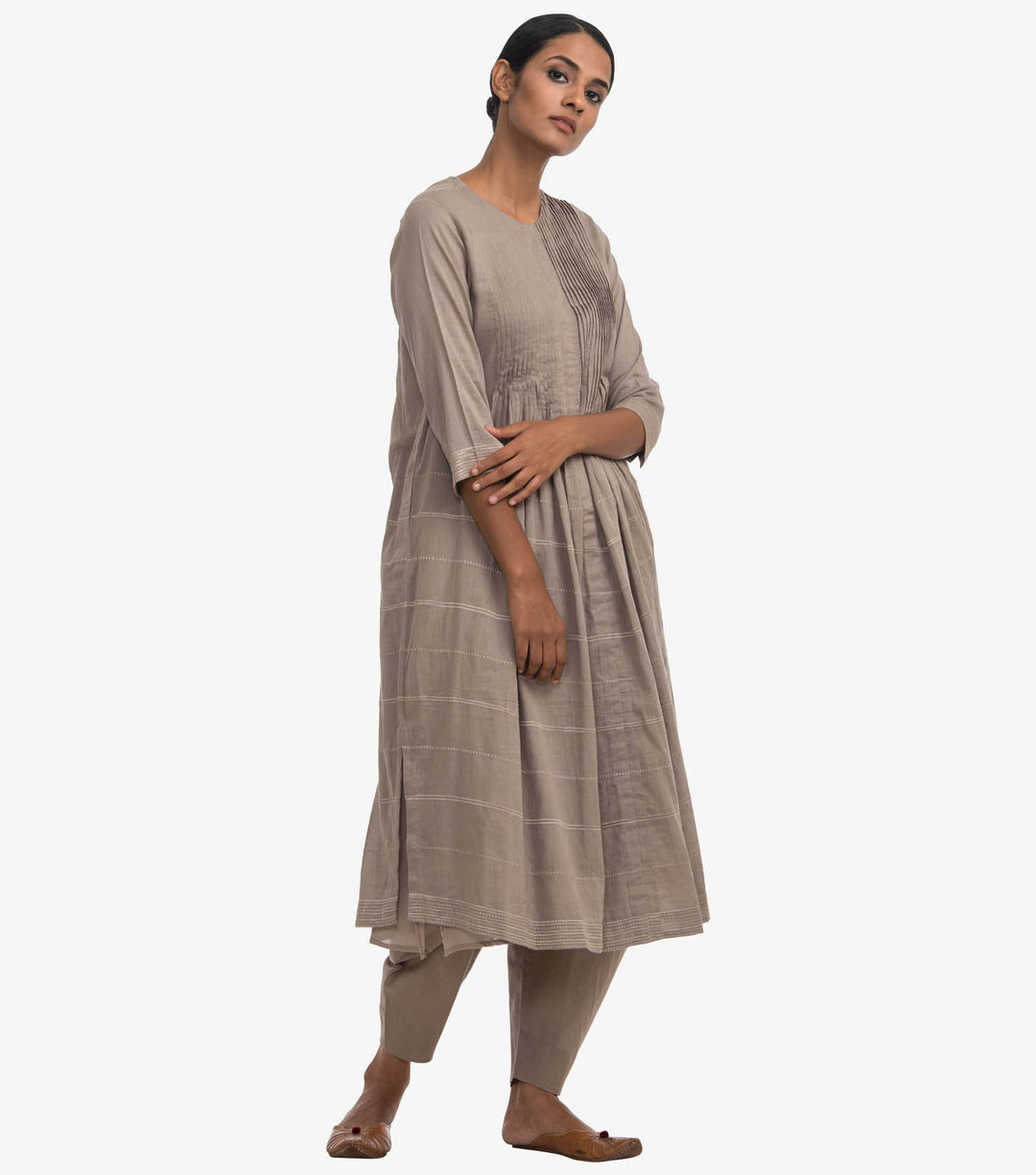 Beige cotton flared kurta