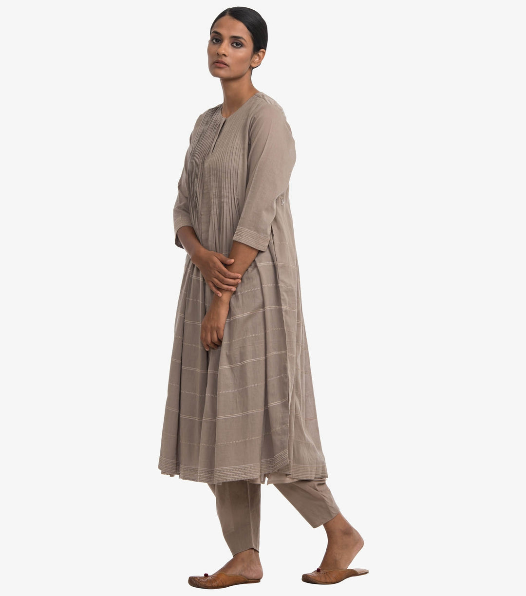 Beige cotton flared kurta