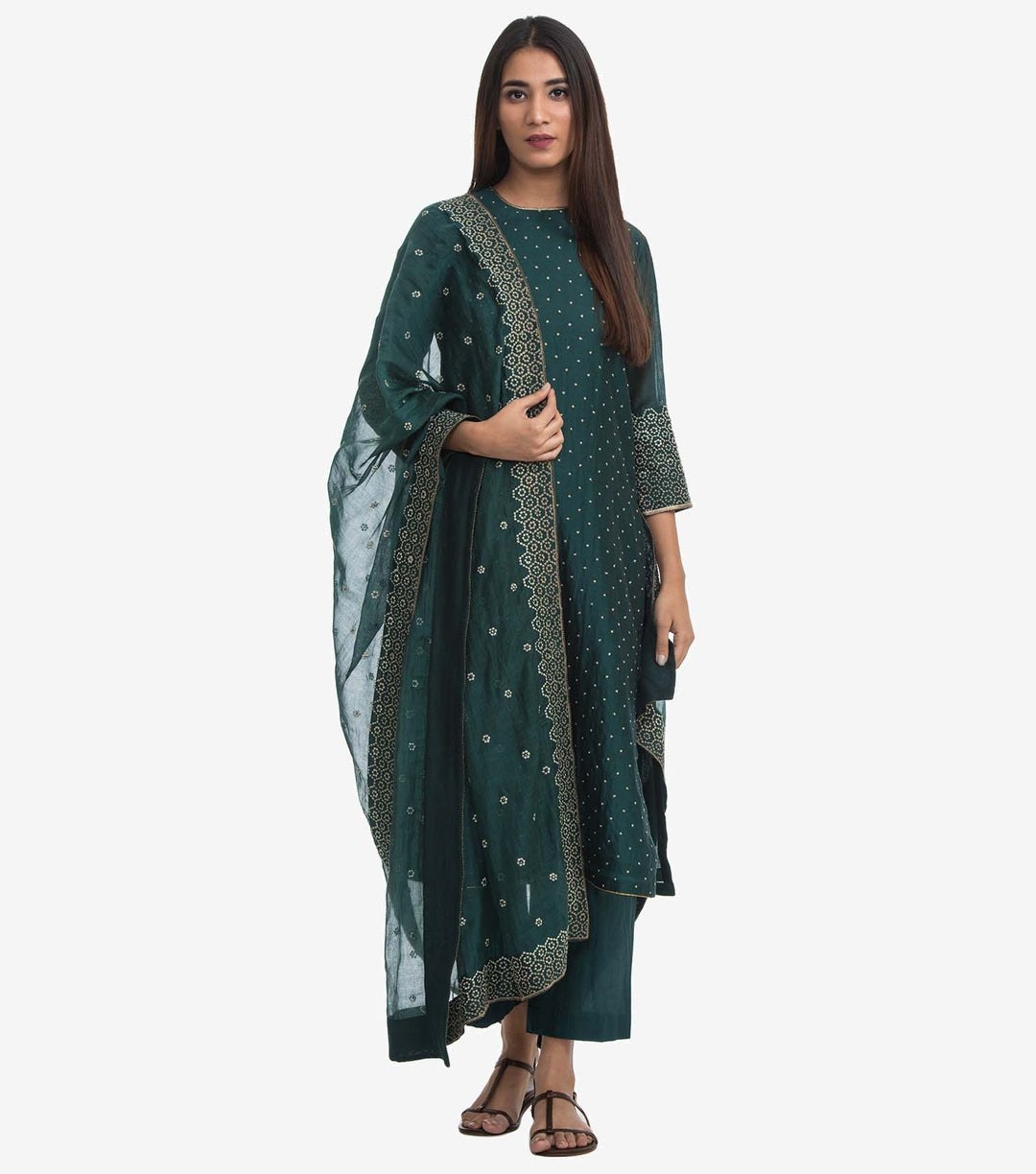 Green cotton silk embroidered dupatta