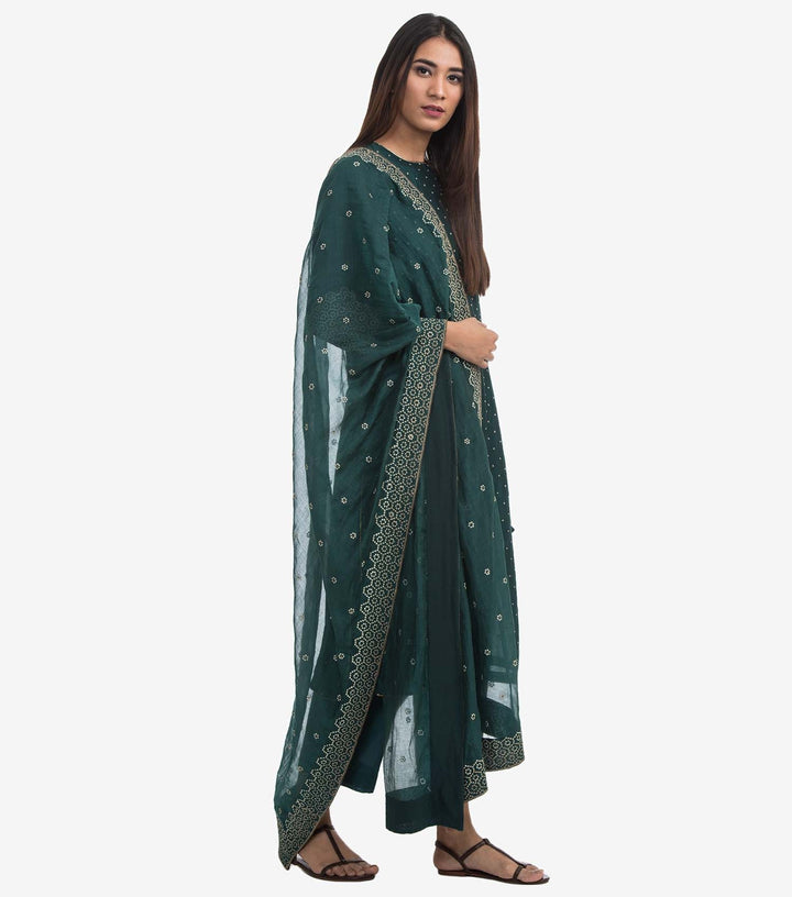 Green cotton silk embroidered dupatta