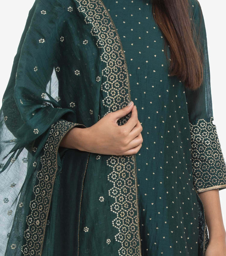 Green cotton silk embroidered dupatta