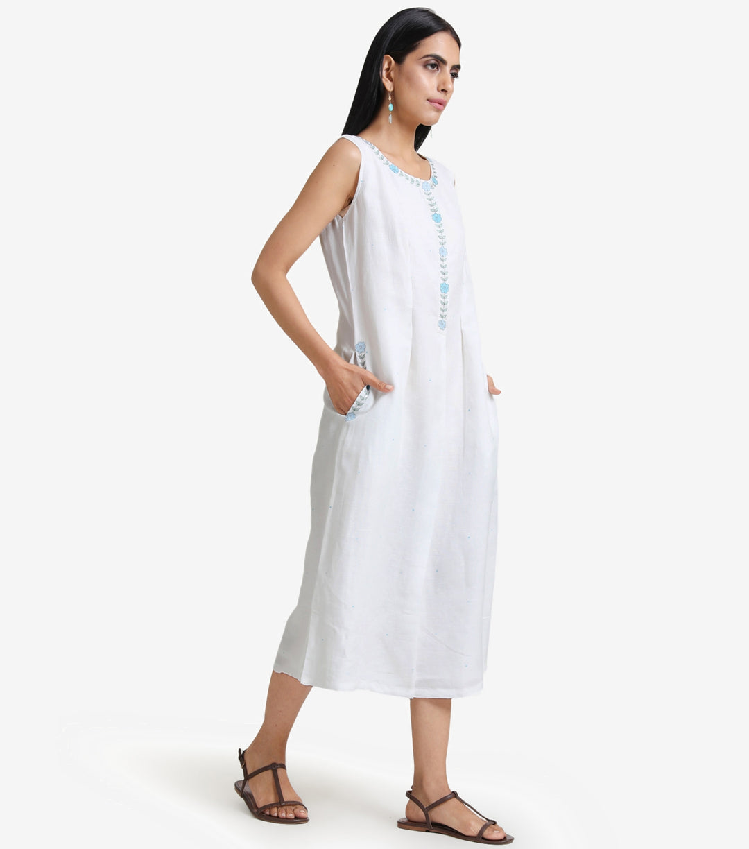 White cotton linen embroidered dress