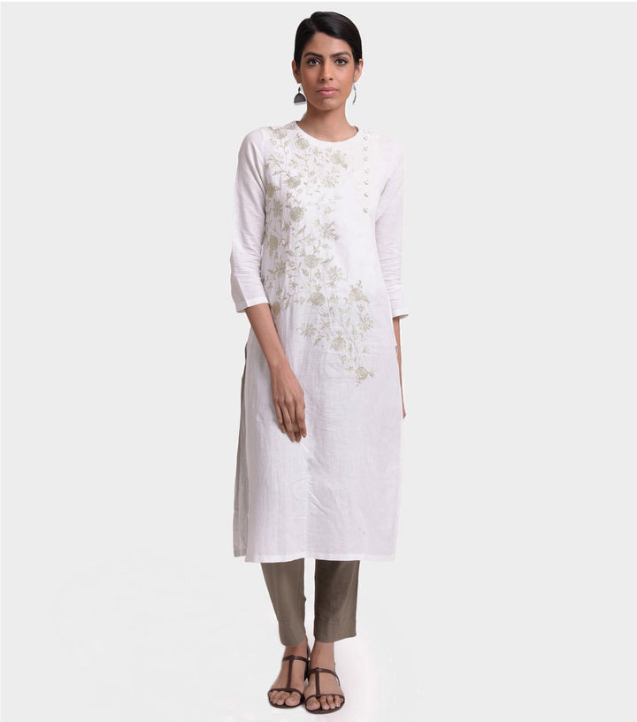 White linen zari embroidered kurta